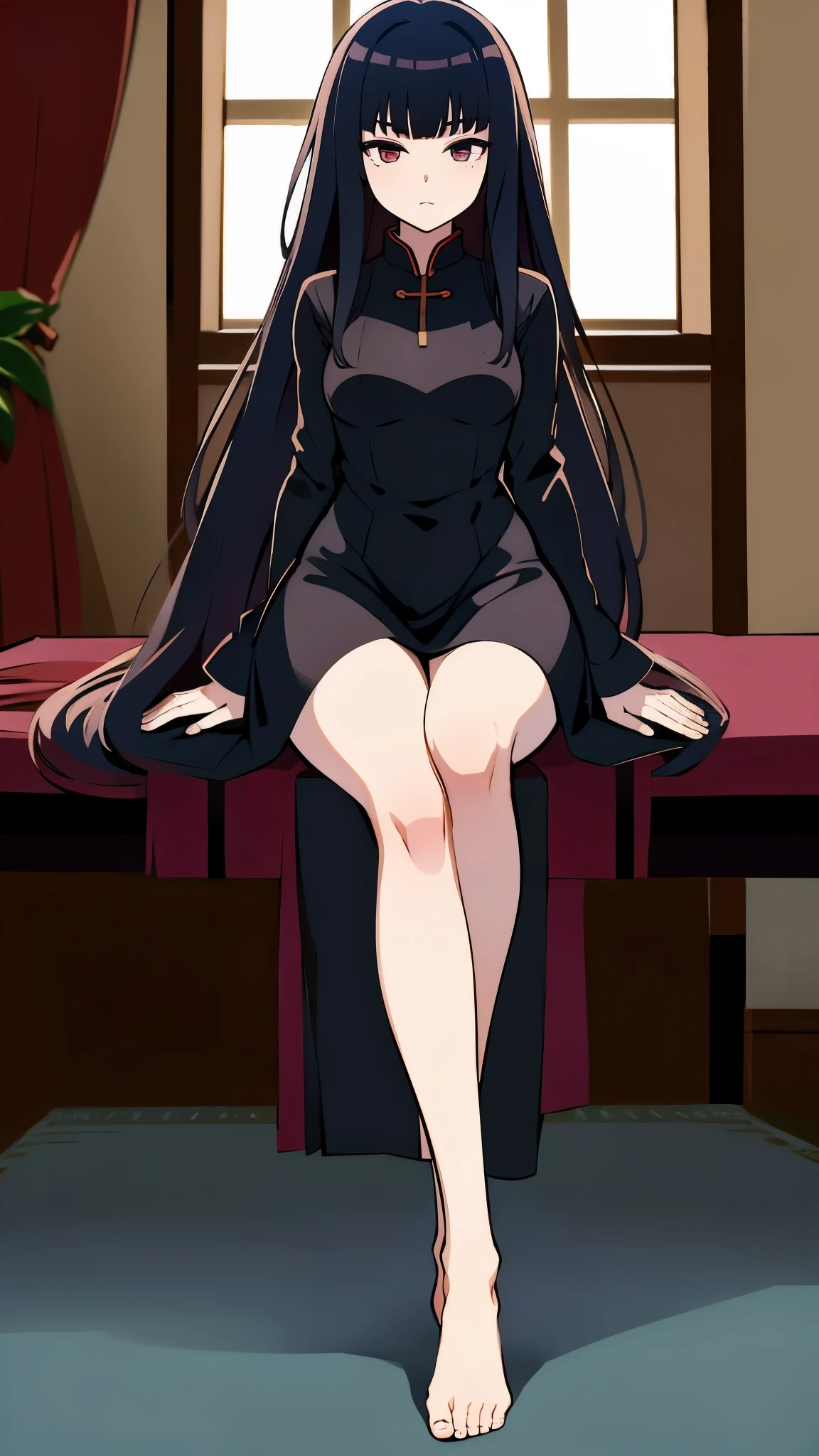 indoor, in chinese room, anime style, 1femail, ultra high res, Best quality, ultra detailed, wearing (black chinnese dress), bare foot, sitting on chair, break ideal ratio body proportions, clear detailed face, high nose(1:2), large mouth, break a strong female character with broad shoulders, straight long hair, 8k, masterpiece, dark eyelashes, black eyes,