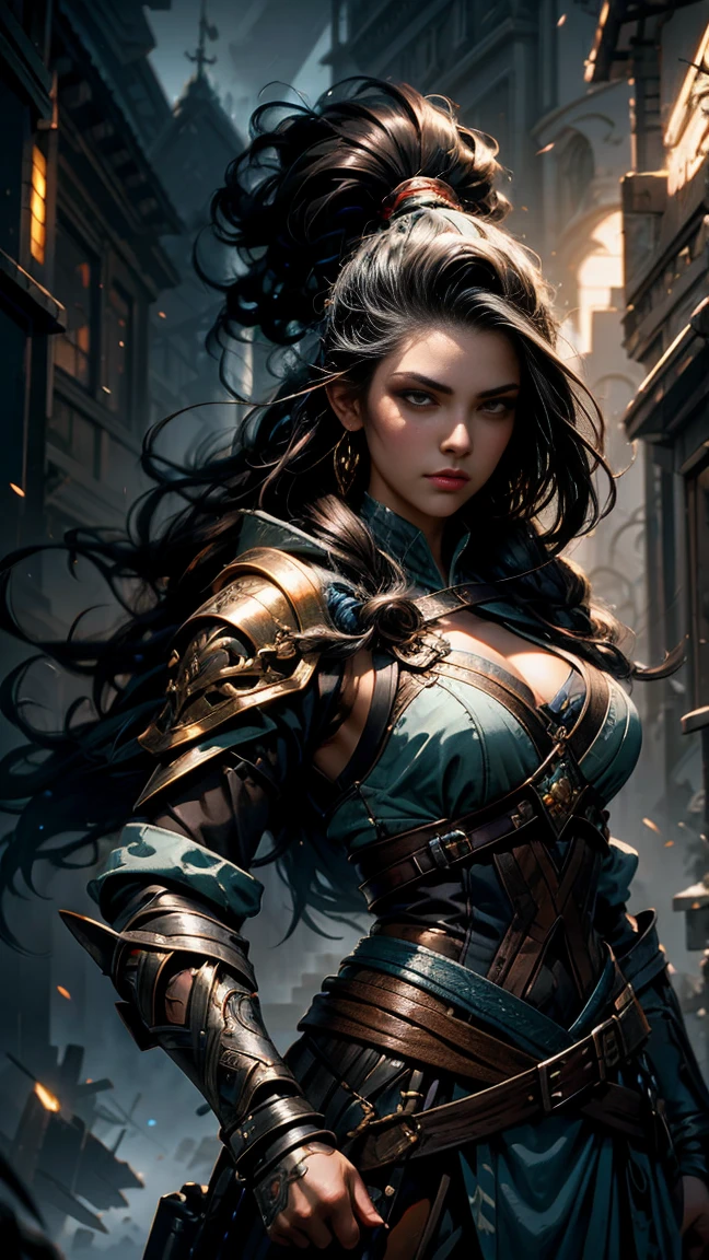 (best quality, masterpiece), A beautiful brown woman, futuristic armor, black curly hair, black cat eyes, galatica war city background, futuristic, looking at the viewer, backlit, rimlight, perfect composition, raudha athif,