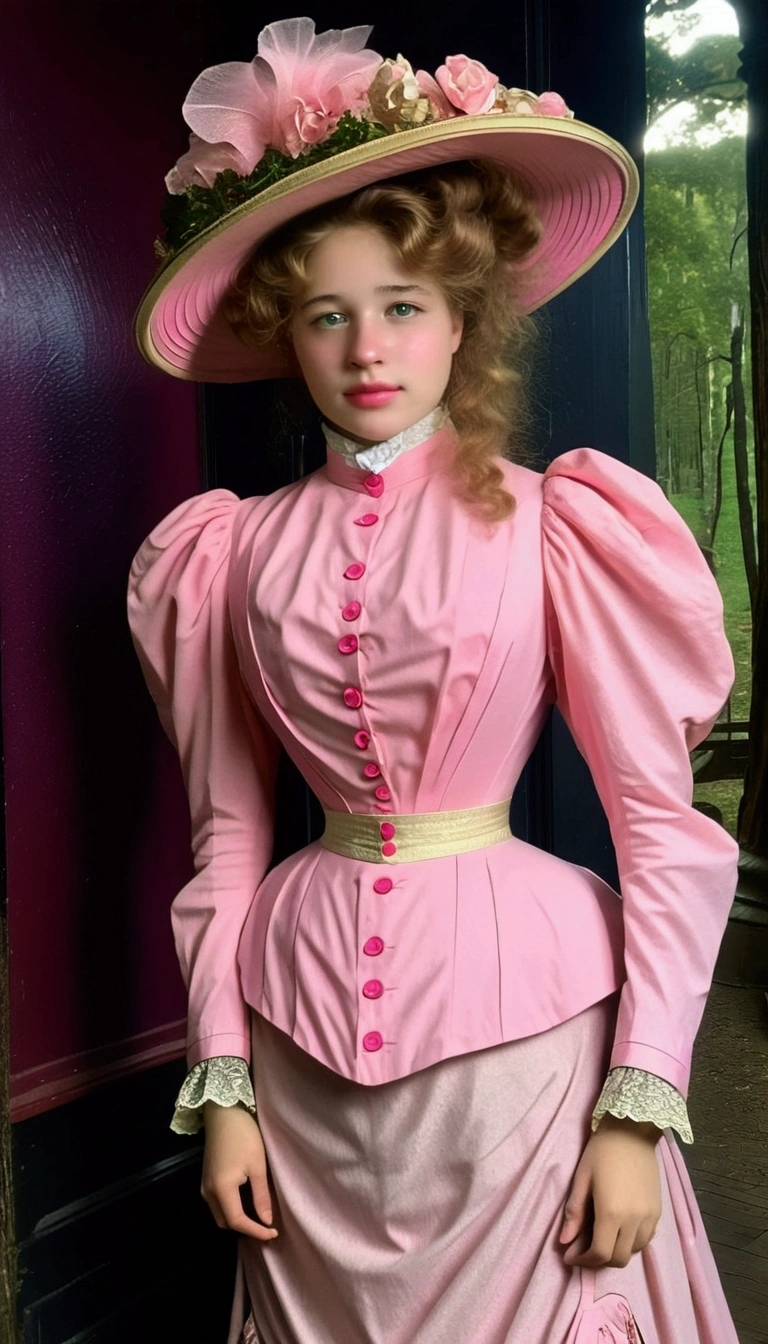 Sexy 12yo Gibson Girl of the Edwardian era. Wearing her (((pink 1900_dr3ss:1.5))). High-collar long sleeve shirtwaist, waistband, floor-length skirt, wide-brimmed picture hat. (((Full body))). 9-inch Wasp waist, bubble butt sticking out. Full body. Honey blonde hair . Forest backdrop 