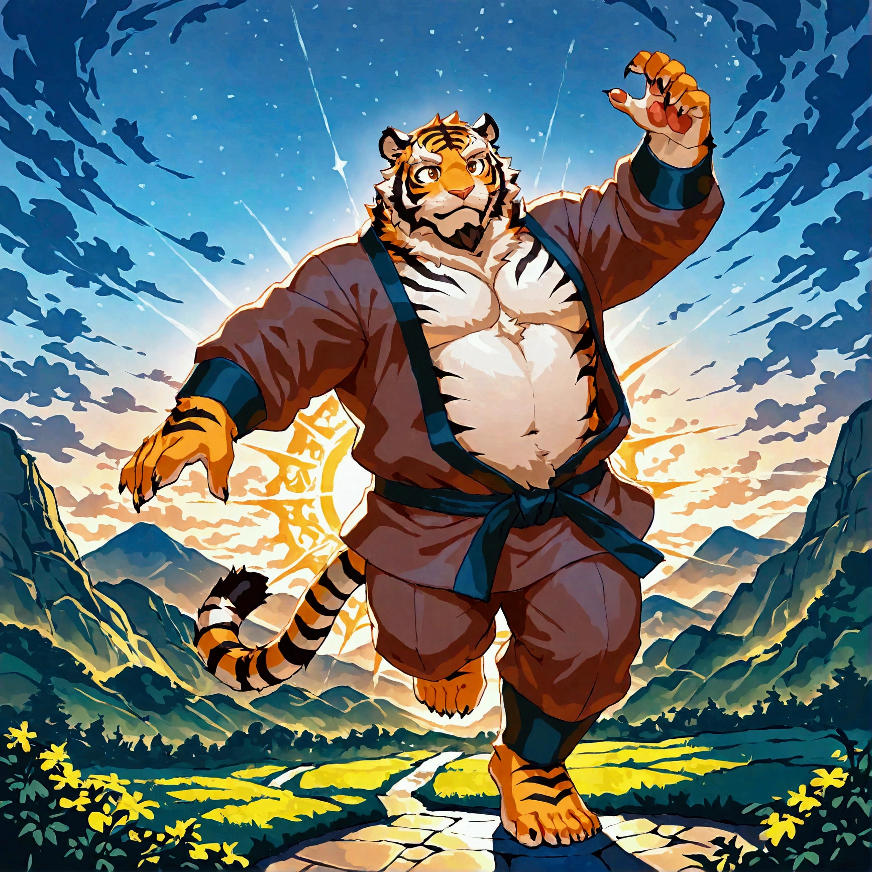 monk, a musclegut middle-aged tiger man, costume, rotating the body, executing highkick, dynamic pose, detailed painting landscape, morning, chinese mountain, swirling  mandala, BREAK full body in Michelangelo Buonarroti style, digital illustration anime, character focus, full body, looking away, dynamic angle, BREAK complete anatomy, perfect proportions, beautiful thigh gap, fluffy body, intricate fur details, beautiful fur texture, BREAK detailed tiger tail, detailed toe, 5toes, 5toes nails, beautiful foot, detailed hands, 5fingers, 5fingers nails, BREAK aesthetic anime face, insanity detailed face, male face, big face, square jawline, aesthetic anime eyes, detailed brown eyes, detailed brown cornea, detailed dark brown irises, detailed pupils, male eyes, big eyes, male eyebrows, innocent look, beautiful beard, BREAK masterpiece, official art, best quality, very aesthetic, absurdres, super fine illustration, great quality, BREAK noise reduction, very highres, large filesize, high quality, 32K, 8k wallpaper, dynamic lighting, BREAK insanity detailed, ultra detailed, intricate details, extremely detailed, detailed texture, an extremely delicate and beautiful, full color, HDR, BREAK e621 tag, Fur Affinity illustration, osukemo, kemohomo, anthropomorphic, furry, cartoon, harmonious eyes, pastoral face, virtuous body, oriental power atmosphere 