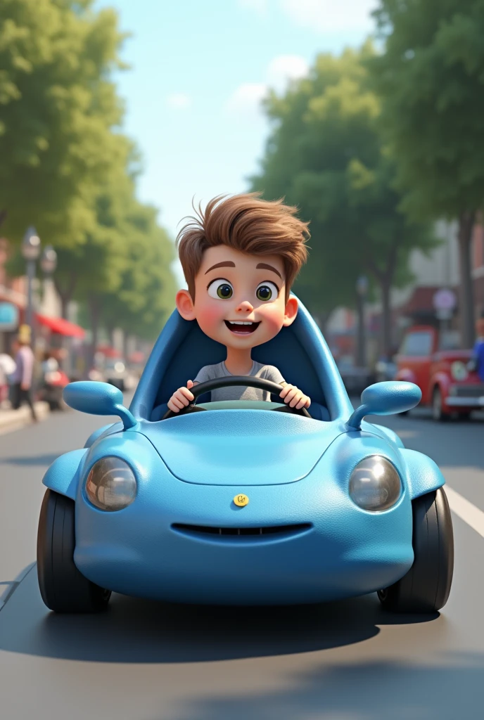 , close-up on face, sitting driving a mini race car, Pixar style, 3D style, Disney style, 8k, cute