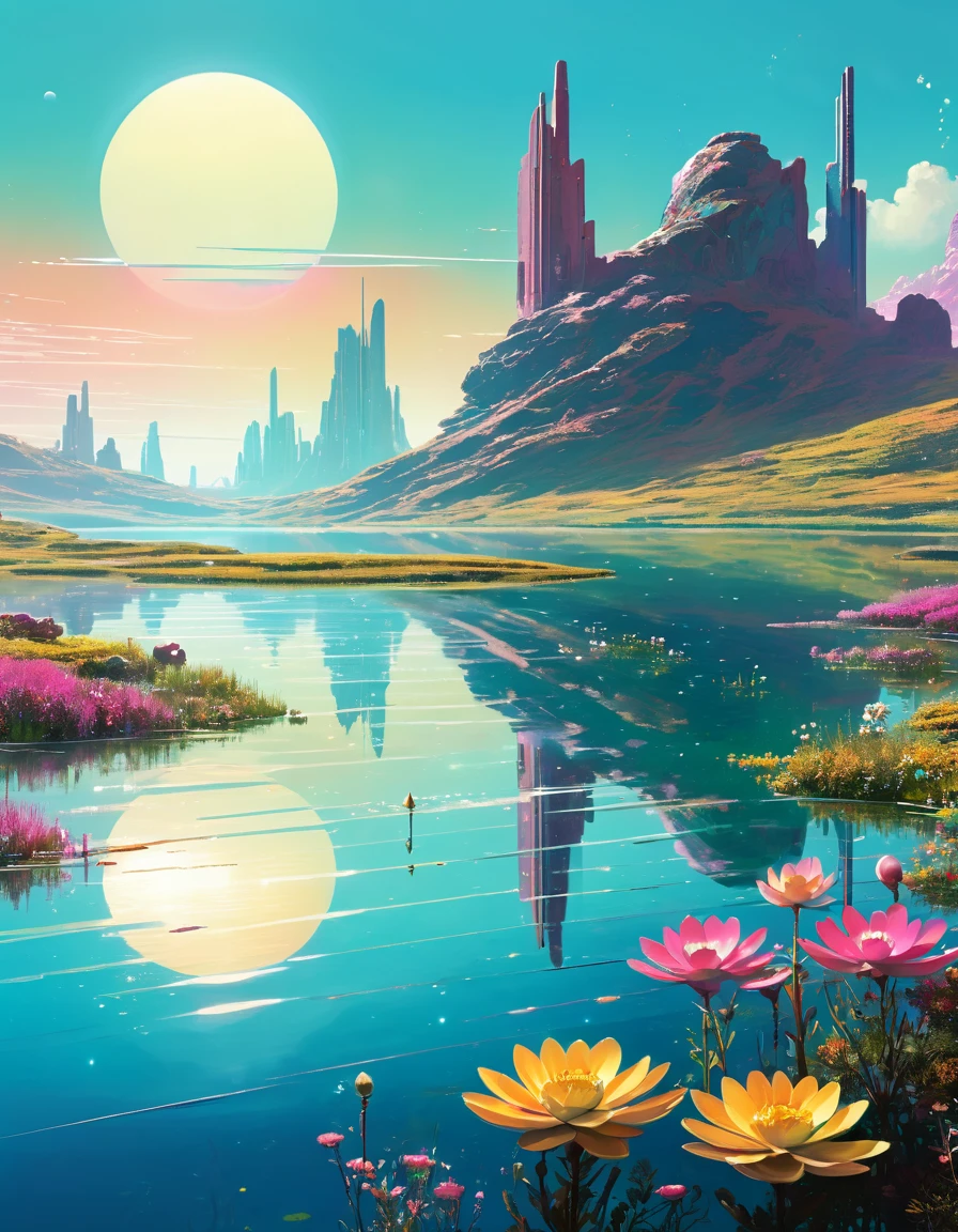 Christopher Balaskas art, Tranquil lake, Retro Future setting, serene landscape, calm water reflecting the sky, wildflowers blooming on the shore, Remnants of a lost civilization, vibrant colors, ultra detailed, Inspirational scenery, Retro Futurist Fantasy. Christopher Balaskas Style page