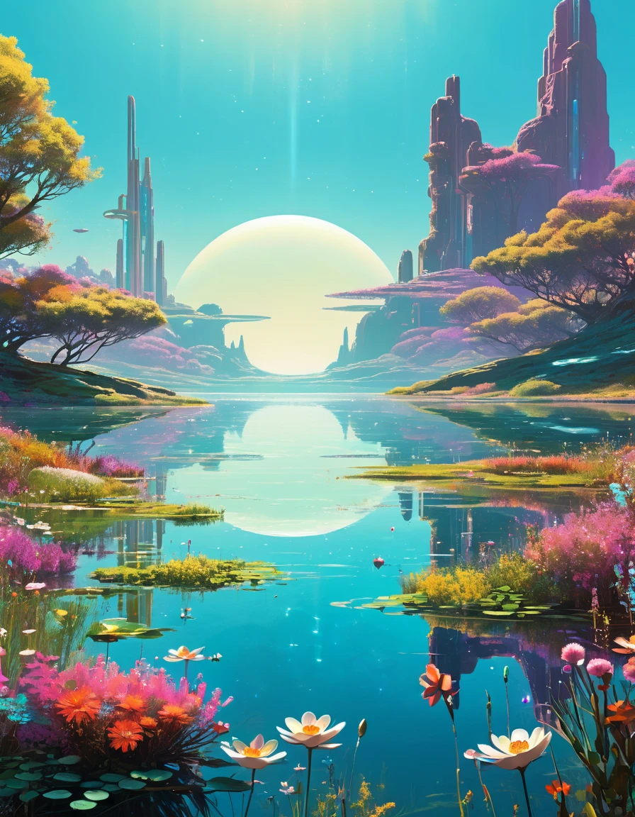 Christopher Balaskas art, Tranquil lake, Retro Future setting, serene landscape, calm water reflecting the sky, wildflowers blooming on the shore, Remnants of a lost civilization, vibrant colors, ultra detailed, Inspirational scenery, Retro Futurist Fantasy. Christopher Balaskas Style page