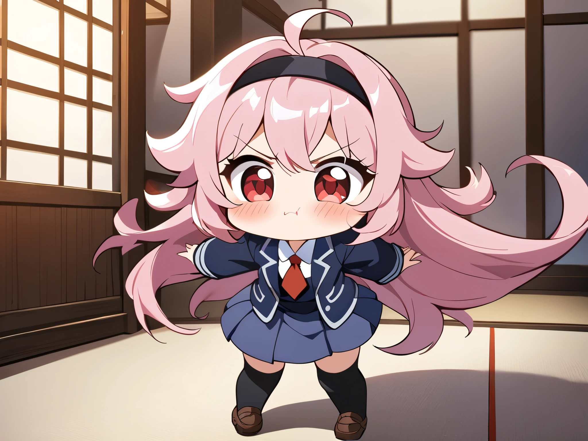 a cute angry girl, blush, puff up one's cheeks, standing, cute, round eyes, pretty, red necktie, brown shoes, girl, indigo school uniform jacket, white school uniform shirt, floating hair, indigo school uniform skirt, very messy hair, ahoge, pink hair, spiked hair, long hair, red eyes, black hairband, 1girl, full black stocking, best quality, amazing quality, very aesthetic, highres, incredibly absurd, masterpiece, japanese anime, genshin art style,