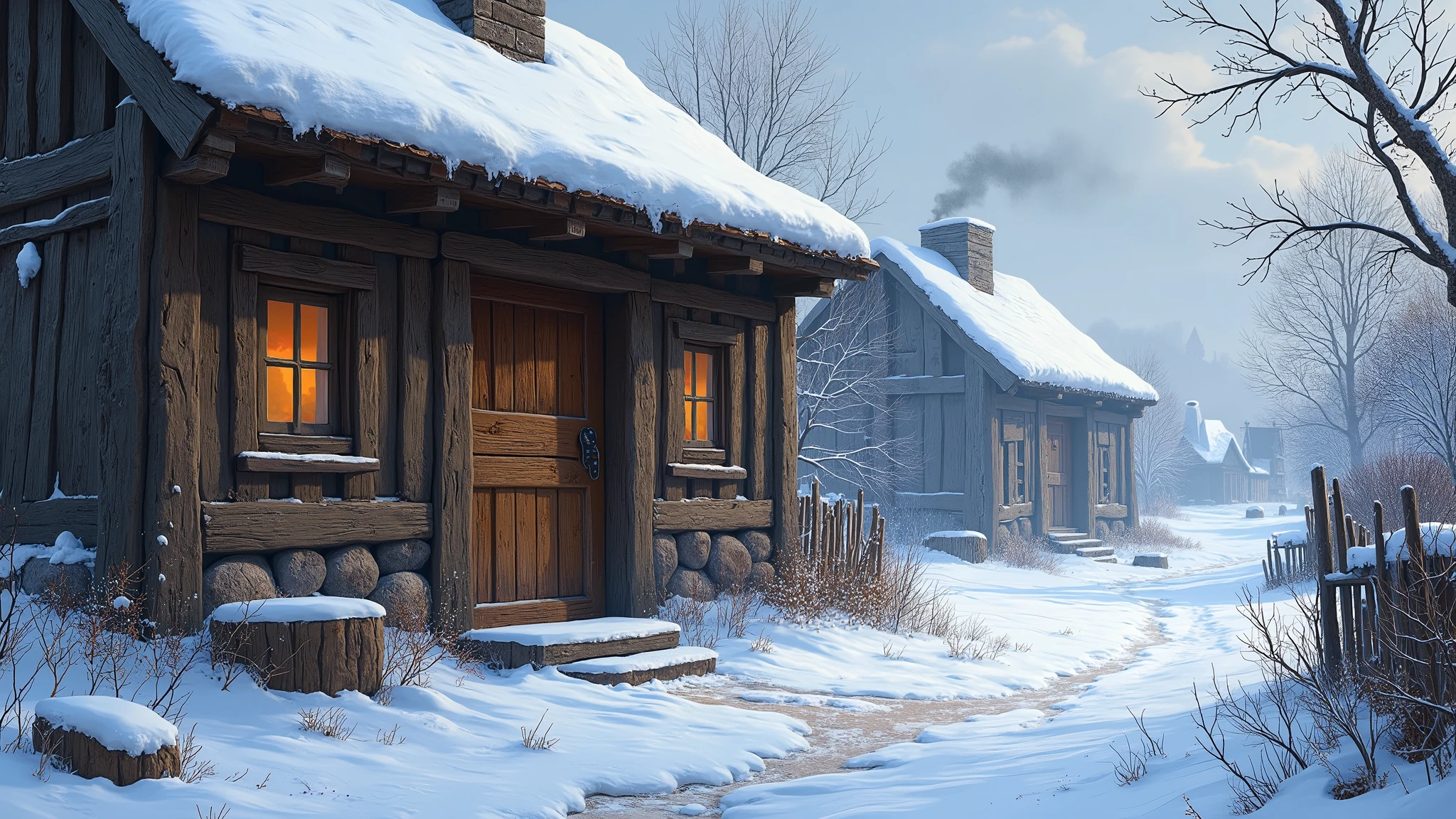 Snowy scene of a small cabin with a door and windows - SeaArt AI