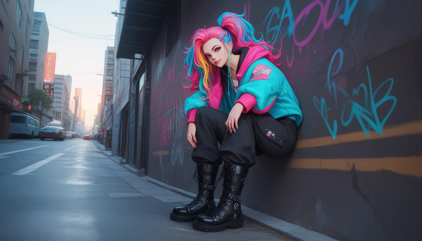 AA stylish anime-style teenage girl with a confident and urban streetwear aesthetic, wearing oversized boots as part of her outfit. She has long flowing hair with vibrant highlights, a baggy hoodie layered with a cropped jacket, and loose-fitting cargo pants. The oversized boots add a bold and edgy flair to her appearance. The setting is a modern city street with graffiti-covered walls and moody lighting, capturing a cool, urban vibe.