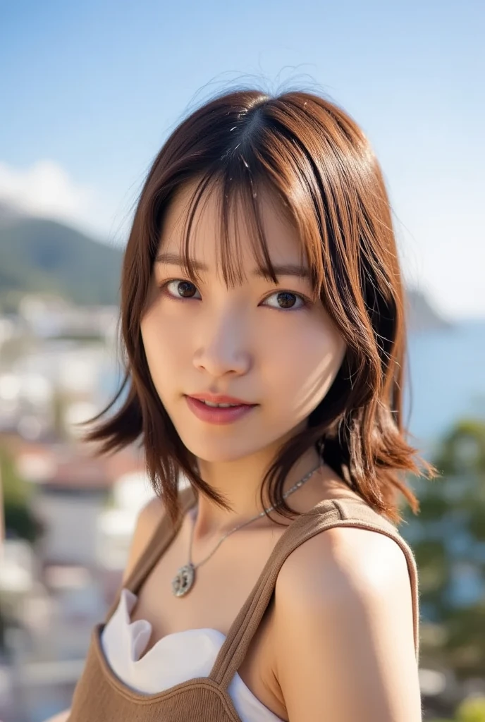 Has cleavage、Small earrings、Laugh out loud、、Fluffy perm hair、Braided hair only for the bangs、Light brown hair、teeth grinding、{{Cowgirl Shot}}、((Close-up shot from the waist up、round big breasts:1.4))、Swollen breasts、Smile、A luxurious blue gingham check bikini、Braided hair only for the bangs、Cowboy Shot、A lovely smile、((Beach、coastal、Sandy Beach:1.0))、Full body photo、Tuck your hair behind one ear、Silver Necklace、smile、 elegant ponytail、Caustics、Highly detailed photos、Very beautiful eyeedium Short Hair、Large Breasts、Super no makeup、(8k、RAW Photos、highest quality、masterpiece:1.2)、(Realistic、Realistic)、1 girl、((Medium Short Hair、Looking into the camera:1.4))、Hair blowing in the wind。Lens flare、