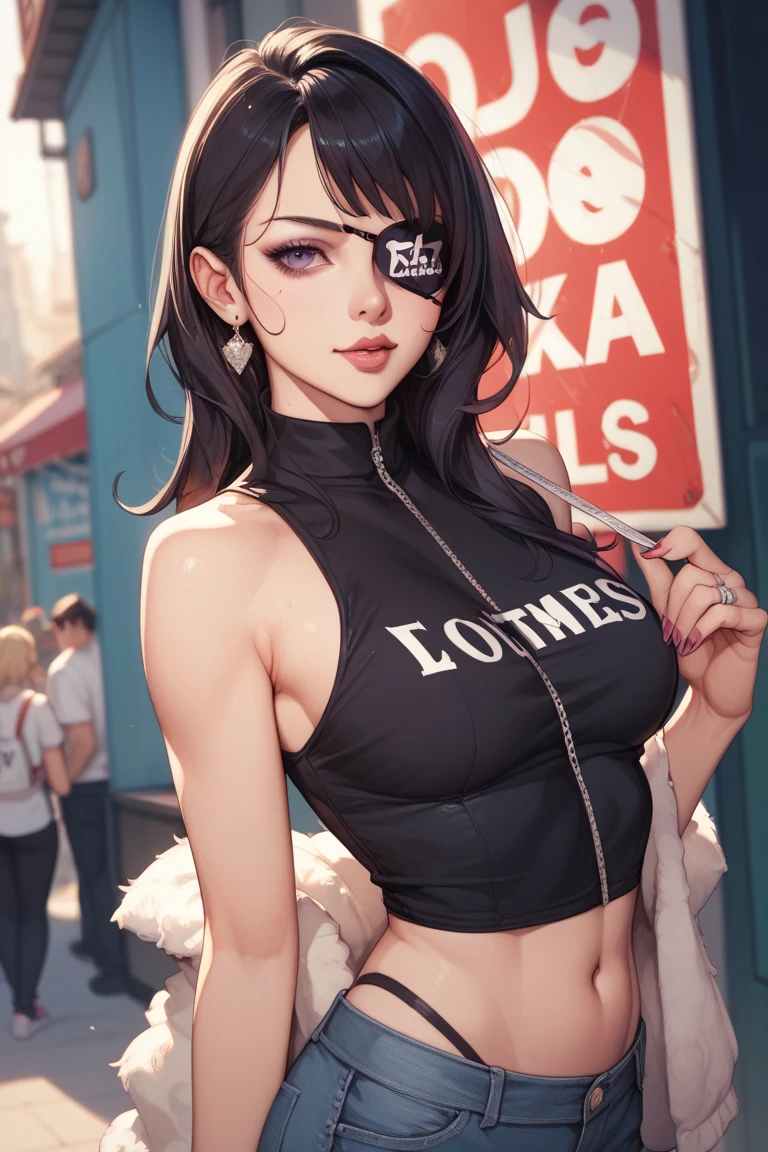 Mujer. Buen cuerpo. Morocha. Vestida de un top rosa. Campera recortada. Shorts de cuero. Pelo negro dos trenzas.