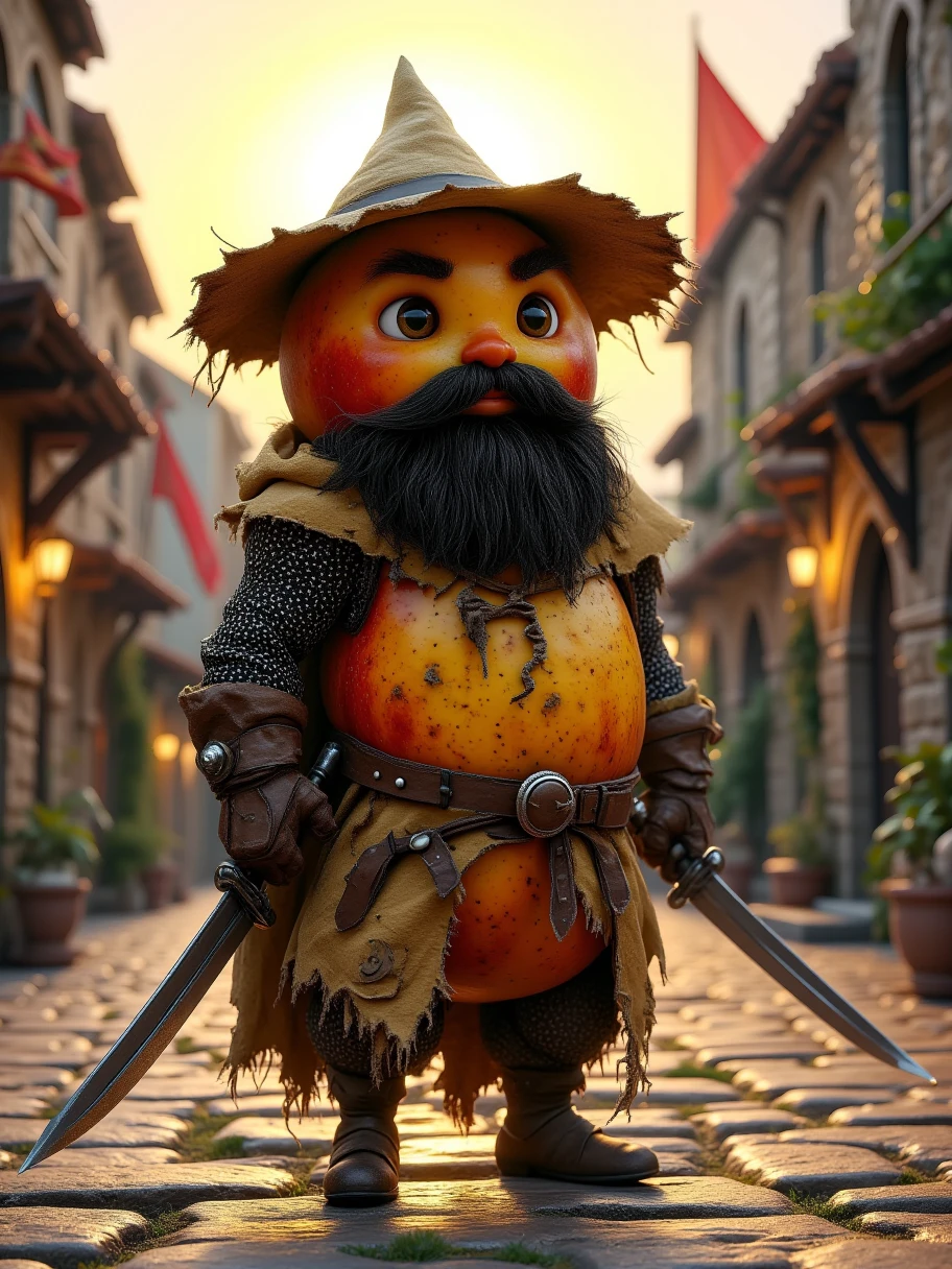 Extra Long Shot, Ba Knight,  A ba with human-like characteristics ， wearing a chic knight costume ， including a wide-brimmed hat and a loose robe , The character has a bunch of beards ， with sharp eyes and confidence ,  holding a long sword， The sword is slender and sharp ,  The background is an old town street ， The afterglow of the sunset shines on the stone pavement ， creates a kind of vicissitudes , Old-fashioned atmosphere ,  The texture on the ba peel ,  The curved shape and fantastic light make this character full of personality,  full of energy , Realism，photography，Blind Box，Disney，3D Rendering，C4D，OC Renderer，Full body portrait