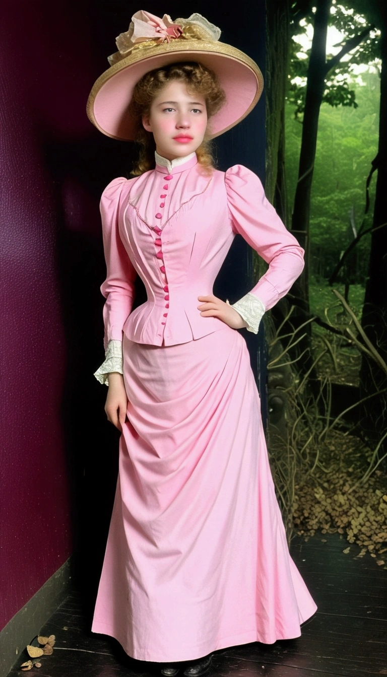 Sexy 12yo Gibson Girl of the Edwardian era. Wearing her (((pink 1900_dr3ss:1.5))). High-collar long sleeve shirtwaist tucked into floor-length skirt, waistband, wide-brimmed picture hat. (((Full body))). 9-inch Wasp waist, bubble butt sticking out. Full body. Honey blonde hair . Forest backdrop 