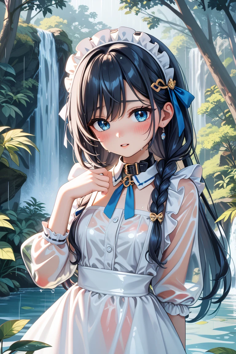 (Top quality), 4K, high resolution, (blue eyes, light shining into eyes), (waterfall flowing nearby, mist rising, deserted forest), (heavy rain), (lots of clear water droplets), alone, (((viewer looks at her from the front))), (perfect fingers), (light from the front), ((drenched and very see-through, miniskirt maid outfit made of very thin fabric)), ((drenched and tight-fitting, stand-up collar, very transparent, very thin fabric transparent rubber suit)), (drenched, very self-conscious about her bust and hiding it with her arms, looking very flustered and embarrassed, cute junior high school girl), (fair skin), (drenched, slightly long black hair), (raindrops dripping from hair), very see-through maid-style hair accessory, depth of field