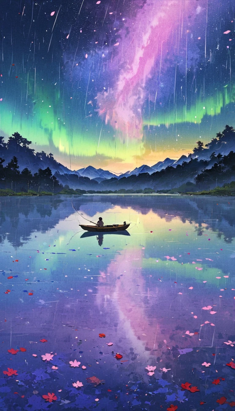 a man is fishing at a tranquil lake. sakura petals are flying around. it is raining, but the sky is filled with beautiful aurora. the lake has a clear reflection of the environment.