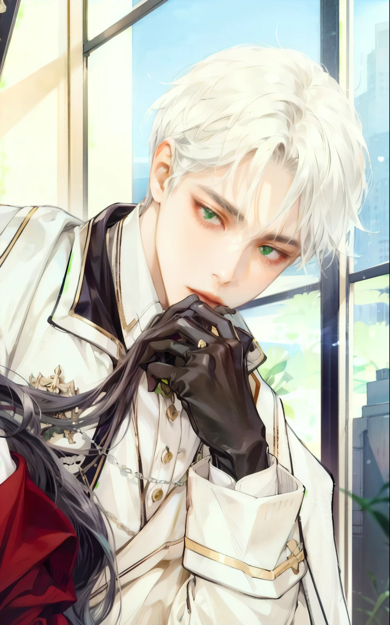 (( better quality, masterpiece)), Boy,  white hair , white suit,  green eyes , portrait