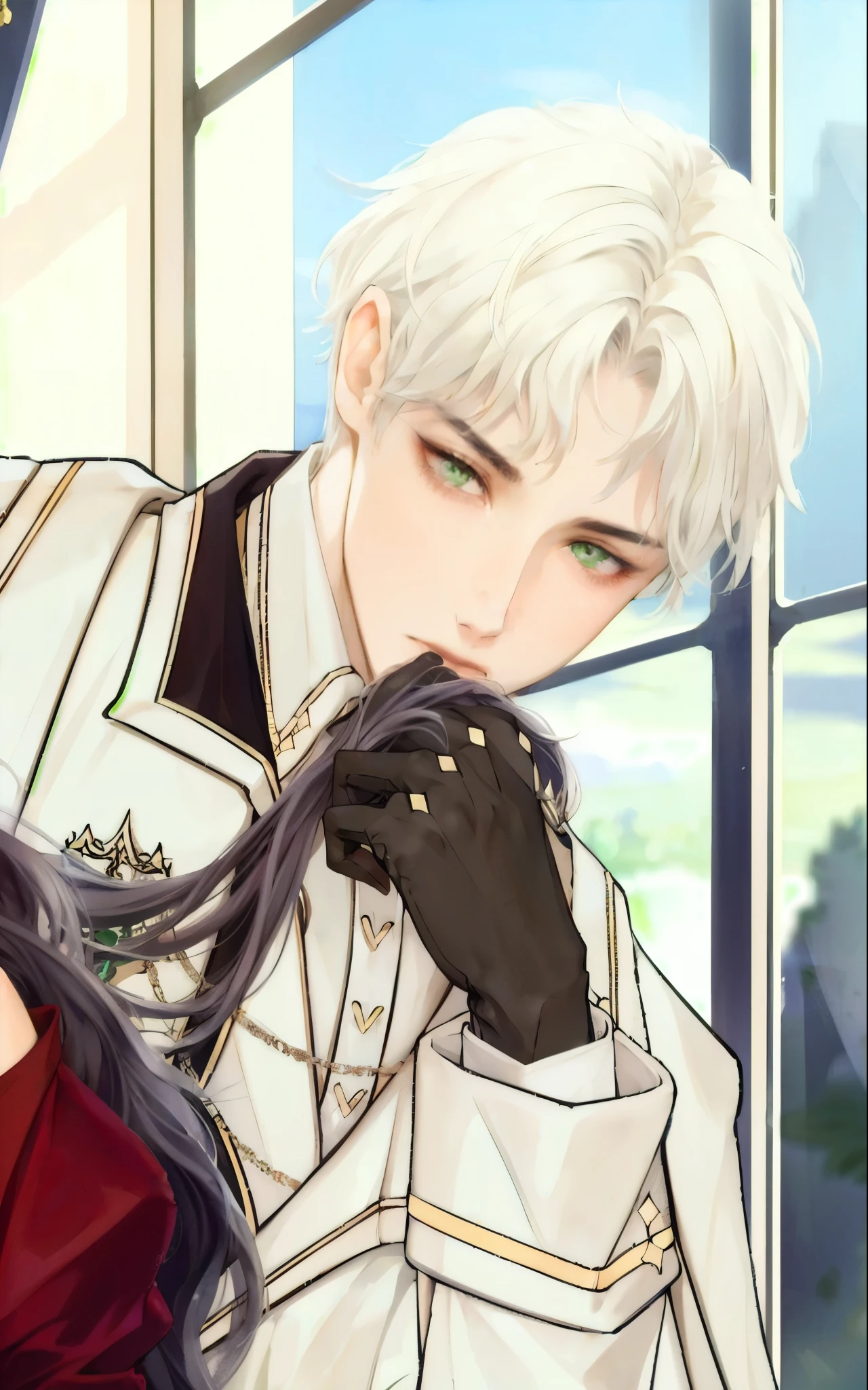 (( better quality, masterpiece)), Boy,  white hair , white suit,  green eyes , portrait