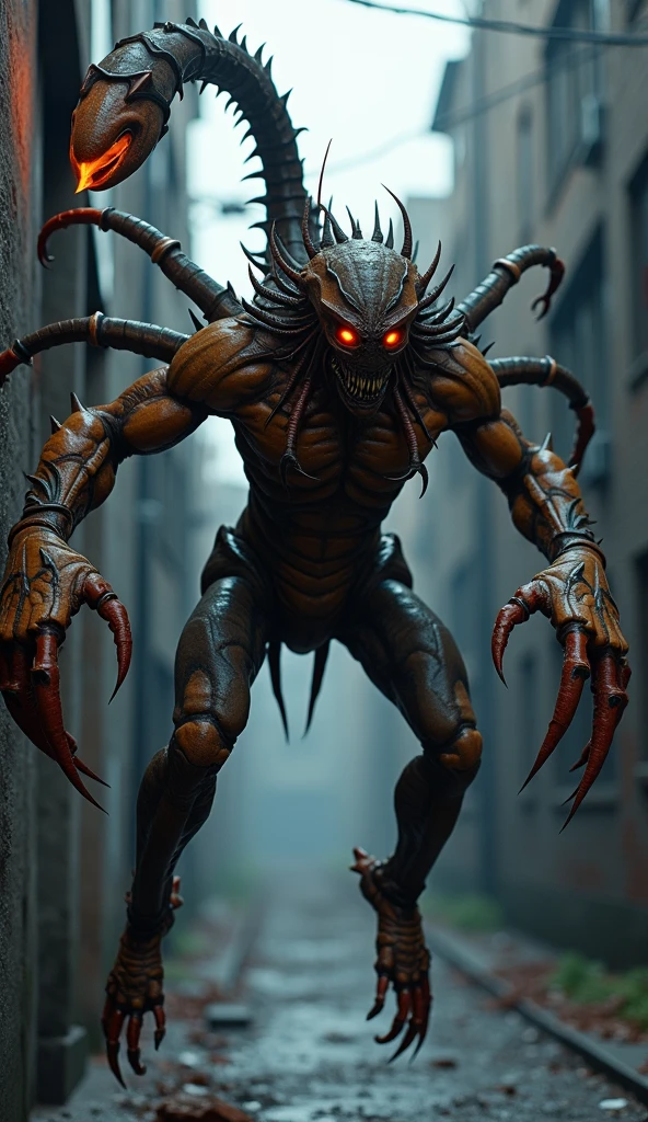 huge mutated humanoid creature with a scorpion tail and pincers