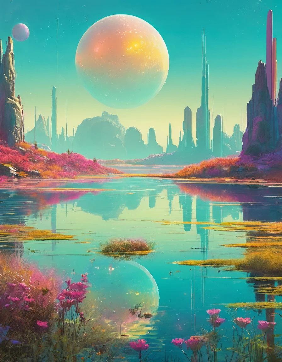 Christopher Balaskas art, Tranquil lake, Retro Future setting, serene landscape, calm water reflecting the sky, wildflowers blooming on the shore, Remnants of a lost civilization, vibrant colors, ultra detailed, Inspirational scenery, Retro Futurist Fantasy. Christopher Balaskas Style page