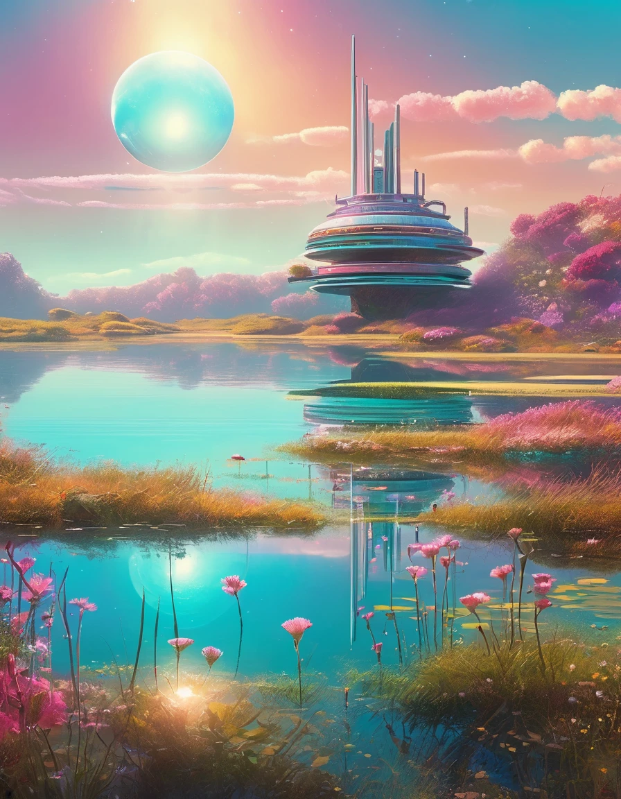 Christopher Balaskas art, Tranquil lake, Retro Future setting, serene landscape, calm water reflecting the sky, wildflowers blooming on the shore, Remnants of a lost civilization, vibrant colors, ultra detailed, Inspirational scenery, Retro Futurist Fantasy. Christopher Balaskas Style page