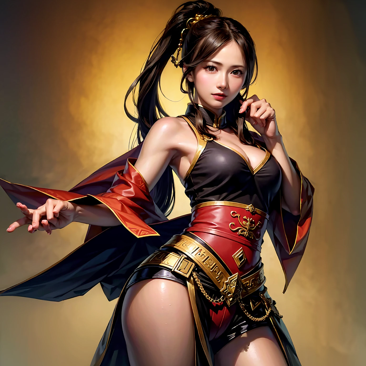 4K Fantasy style, digital drawing mode, Samurai-themed female character, brown long pony hair with copper highlights, determined green eyes, wearing a kimono-inspired outfit with gears and cogs, holding a katana with a steam-powered mechanism and red and blue gold aura effects, background of a Bamboo forest with Full moon, pale skin, short hair, red lips, focused eyes, full body, Battle stance pose, life size, perfect anatomy, detailed metal and fabric texture, full HD, 4K, HDR, depth of field."