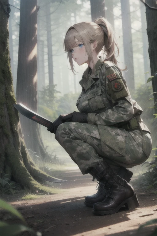 1 woman, beautiful, full body , wearing an army camouflage uniform, dirty military uniform , forest, camp, multiple scars on your face ,
brown gloves, Big breasts , Big buttocks, Blue Eyes, clear eyes,brilliance,, Misaligned Hair, ponytail , dirty face, various poses ,violet evergarden,
Beautiful light and shadow in the forest, Take pictures from different angles ,
, have a military machete , have a machete in your hand , in a defensive position