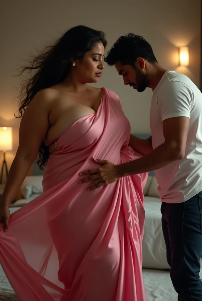 (photorealistic:1.2), a beautiful Indian women plump body, rounded chest, wearing short skirt, strap sleeves top((big breast:1.3)) with (((shock face expression lean-forward bend))), abdominal muscles, behind her standing a Muslim man wearing kurta, pyjama and skullcap, ((holding her arms tightly, stopping her from leaving)) huge breast, show cleavage, home interior background. 