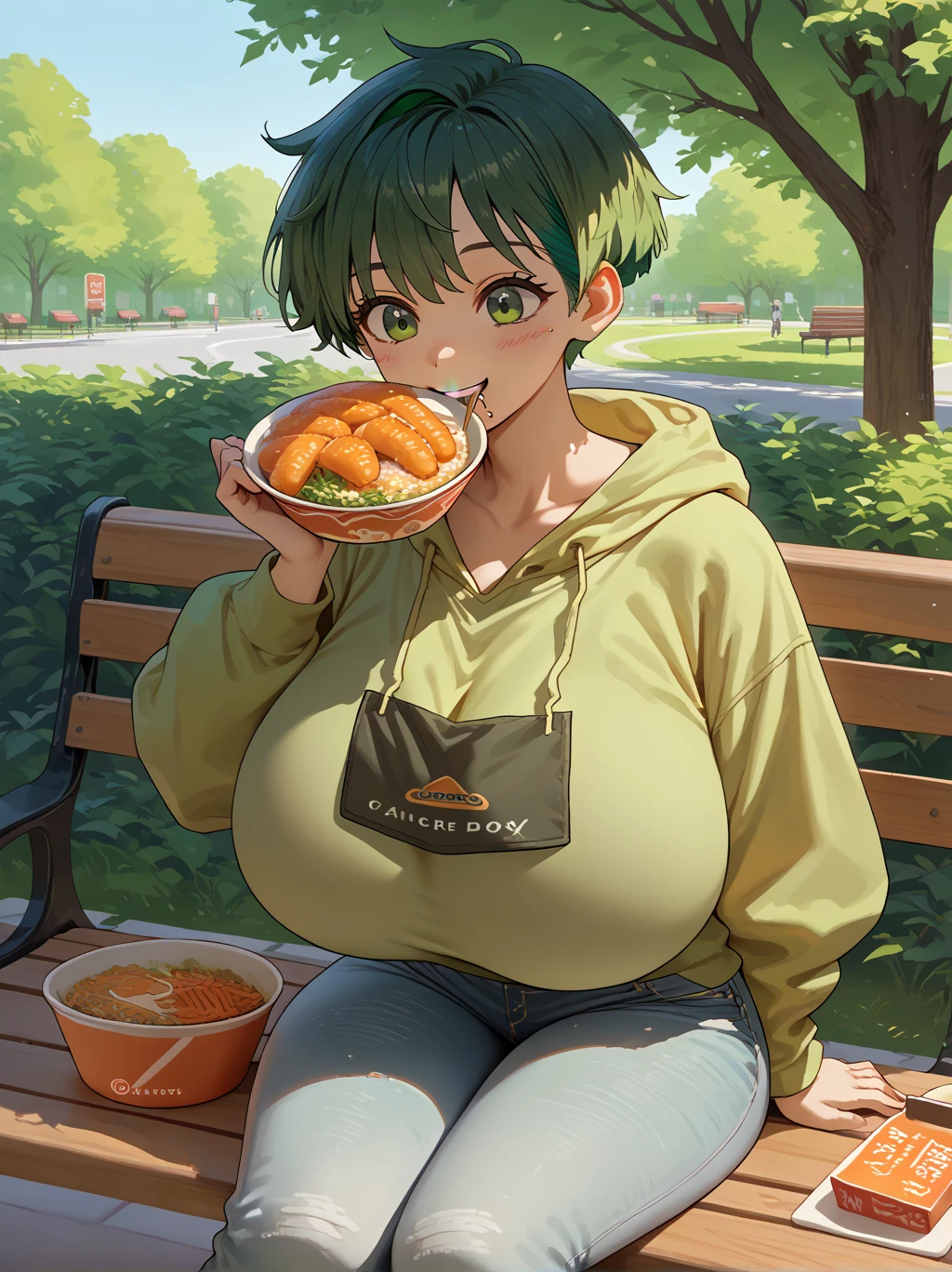 score_9, score_8_up, score_7_up, score_6_up, source_anime, 1girl, 20 years old, green hair pixie haircut, huge breasts, sitting on a park bench eating fried rice from a Tupperware box, wearing a baggy hoodie and jeans, friendly, happy, l