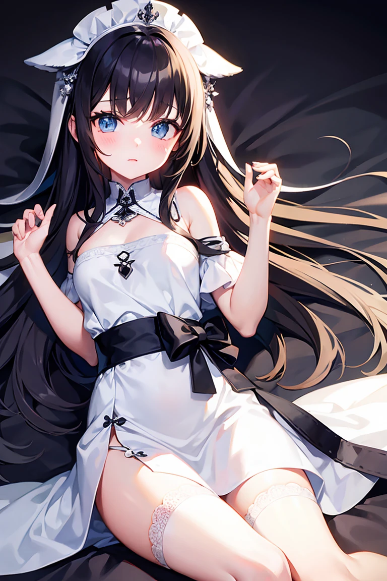 1 girl in, no smile, sparkling navy blue eyes, (black hair) , small stature, small breasts, , (masutepiece:1.2, Best Quality), (finely detailed beautiful eye: 1.2), (beautifull detailed face), High contrast, (Best Illumination, extremely delicate and beautiful), ((Cinematic Light)), Dramatic light, (Pale white background:1.5), bandaged_leg, bandages, bandaged_arm, bandaged_neck, long_hair, collarbone, bandaged_head, collarbone, put lost of bandages on head, lots of bandages, bandage on the wound, sheis whole body was wrapped up in bandage,worn out clothes, bound with chains, worn out tank top,