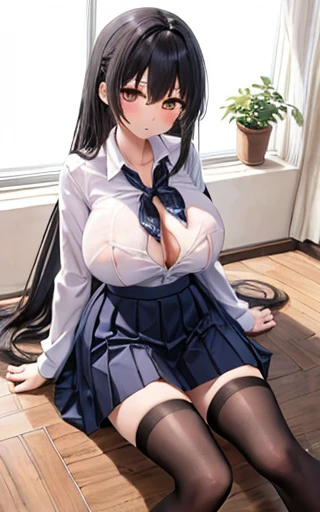 （hair band, Black sailor collar, Black Blazer, Black bow tie, Long sleeve, Pleated skirt）One Girl,High resolution, ,Full nudity、cute 、Thick pubic hair、Nipples、Thighs、Eyes of Love、I was sweating all over、Beautiful face and body, Photorealistic images、In detail、High resolution、masterpiece,Please put your feet up,Spread your asshole with both hands、Big Breasts