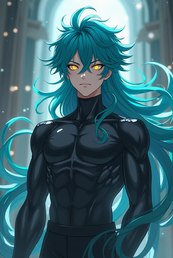 A masterpiece of a demon male with an enchanting orange and green gradient hair, the short strands carefully rendering each hue and shade in ultra-detailed perfection. His piercing turquoise eyes gleamed with an otherworldly light, framed by defined brows and long, thick lashes. Drips of black sweat coursed down his muscular form, highlighting the intricate texture of his dark denim jeans. A small black horn curled from the center of his forehead, adding an ethereal and ominous touch to his otherwise handsome features. (Best quality), ultra-detailed rendering, (masterpiece) level of visual appeal.