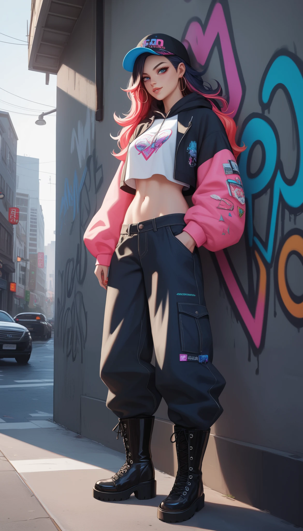 AA stylish anime-style teenage girl with a confident and urban streetwear aesthetic, wearing oversized boots as part of her outfit. She has long flowing hair with vibrant highlights, a baggy hoodie layered with a cropped jacket, and loose-fitting cargo pants. The oversized boots add a bold and edgy flair to her appearance. The setting is a modern city street with graffiti-covered walls and moody lighting, capturing a cool, urban vibe.