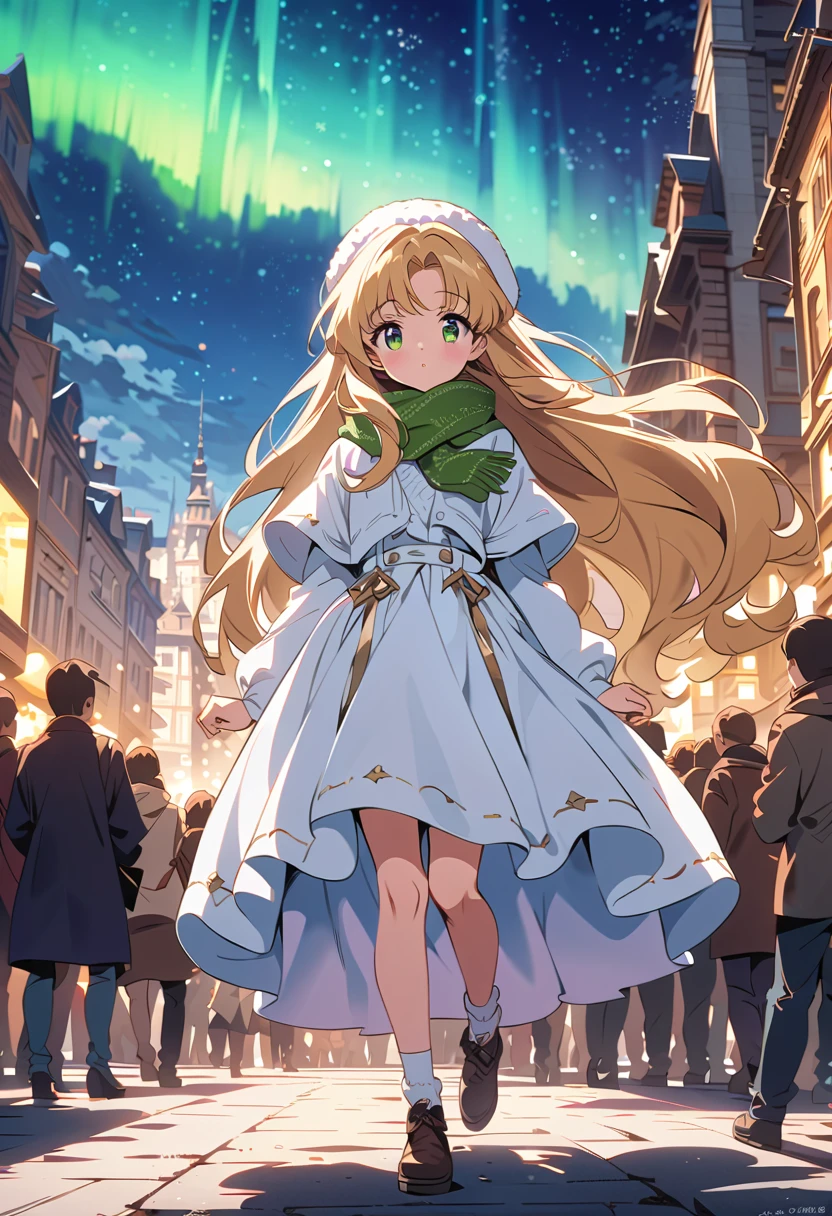 deep green eyes, long flowing blonde hair, 1girl, 12 yo girl, cute, gorgeous white long winter dress coat, (white knitted hat with patterns), long white socks, green scarf, cinematic, large russian city with crowds, night starry sky with aurora, perfect face, masterpiece, best quality, natural, beautiful, gorgeous, anime artstyle, full body image, dreamlike charming