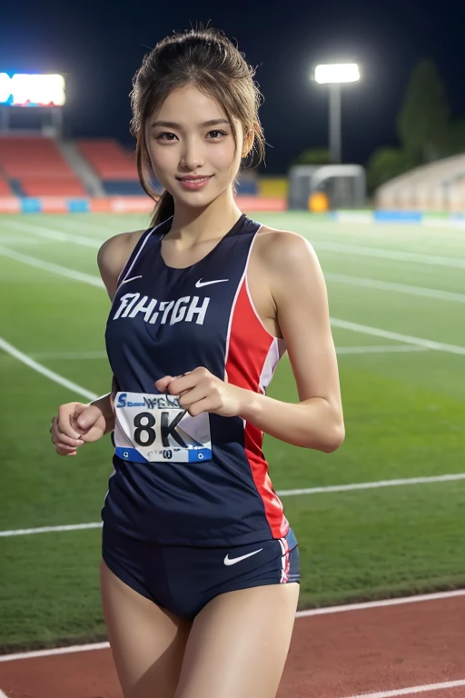 Track and field athlete, Highest quality, shape, Very detailed, In detail, High resolution, 8k wallpaper, Perfect dynamic composition, Beautiful details, Natural Lip, Athletes' uniforms, Big Tits Cleavage,, She is smiling and making a cute pose ..., A masterpiece of the whole body, Angle from below