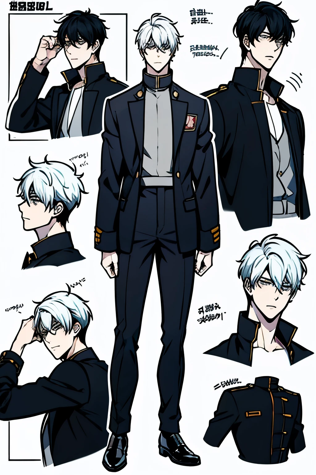 Go Eunhyuk from the Webtoon called Operation True Love, concept art, character concept, handsome main character, black pants, white shoes, ((school uniform)) full body, character sheet, detailed face, detailed hands, closed gakuran, japanese uniform