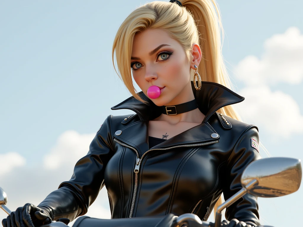 Female((30year old)), hair((long, blonde)), eyes((smart eyes, black)), clothes((jeans jacket, crop-top, hotpants, pattern, maroon, red)), accessories ((hair pin, ponytail)), smiling, gigantic breast, big , mountain, smile, riding Motorcycle, sitting on Motorcycle, Harley Davidson motors,