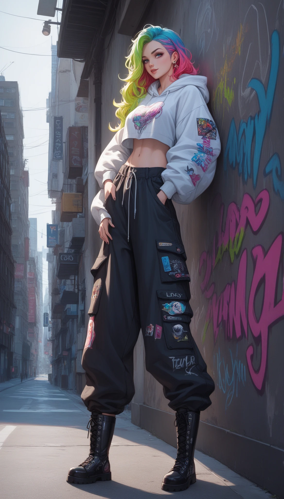 AA stylish anime-style teenage girl with a confident and urban streetwear aesthetic, wearing oversized boots as part of her outfit. She has long flowing hair with vibrant highlights, a baggy hoodie layered with a cropped jacket, and loose-fitting cargo pants. The oversized boots add a bold and edgy flair to her appearance. The setting is a modern city street with graffiti-covered walls and moody lighting, capturing a cool, urban vibe.