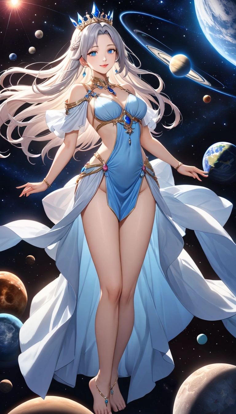 Super Idol a beauty girl A charming smile sky blue hair length hair Twin-tailed Bright pink and white leotard outfit Mystical Fantasia constellation a moon Crystal Brilliance Aurora Borealis in the Night Sky