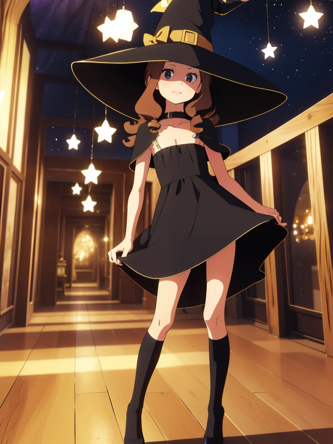 ( super flat,  flat shading )，1 VERY YOUNG GIRL ，baby face，Very short stature， toddler figure ， very small flat chest， My chest looks very flat and inflated ， very thin limbs， Thin Thighs ， anime style,  Wearing a black witch dress and a big witch hat、 with long wavy brown hair，Standing sideways and looking at the front ,  Magical Corridor full of sparkling stars ， sarcasm ，