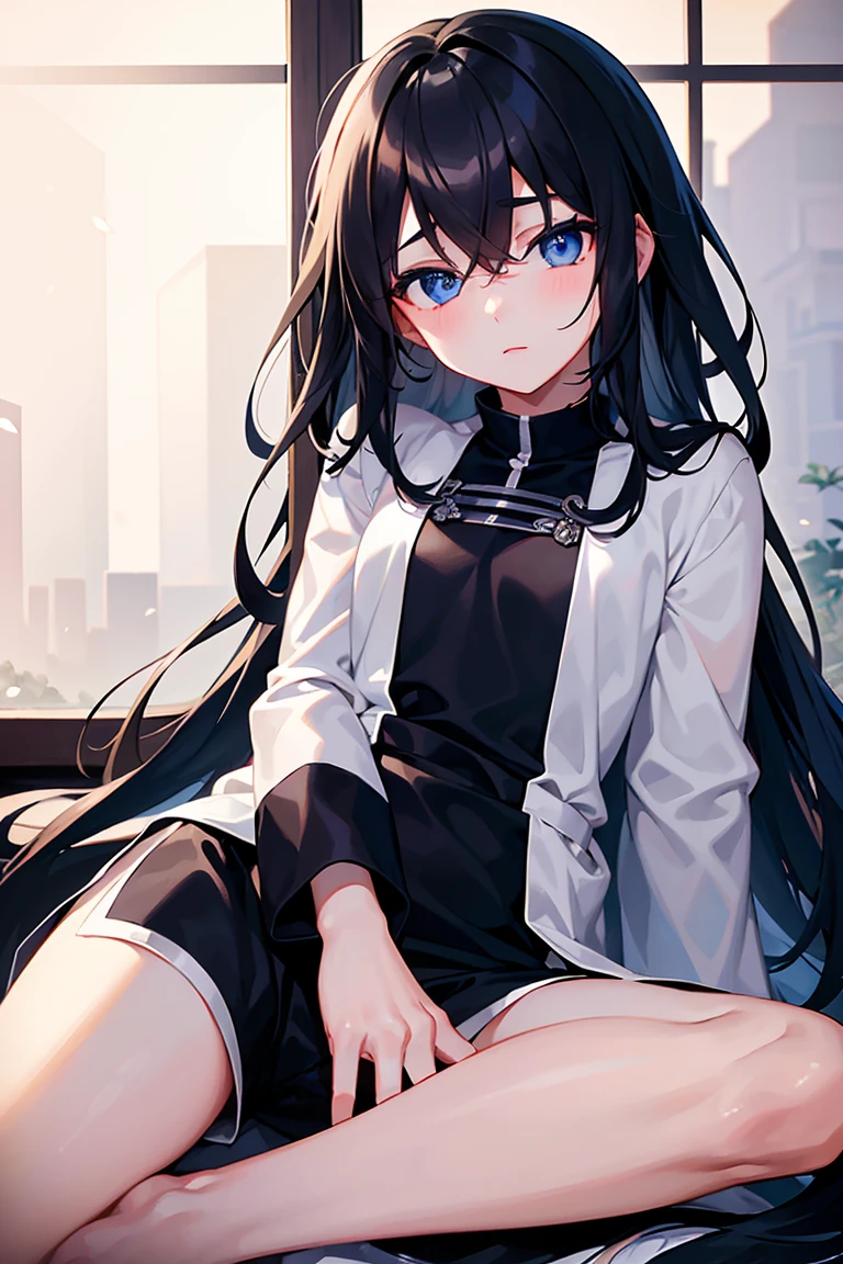 Amidst the chaos, a girl with black hair on the white bottom sitting in the corner and was crying, she was wearing the clothes of a goddess of destruction