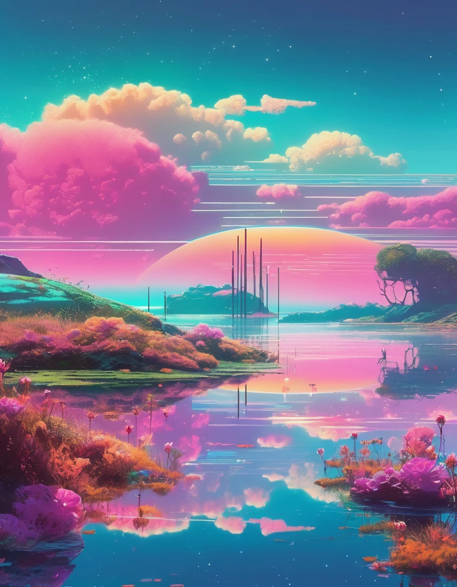 Christopher Balaskas art, Tranquil lake, Retro Future setting, serene landscape, calm water reflecting the sky, wildflowers blooming on the shore, Remnants of a lost civilization, vibrant colors, ultra detailed, Inspirational scenery, Vaporwave style, Mid-future, Retro Futurist Fantasy. Christopher Balaskas Style page