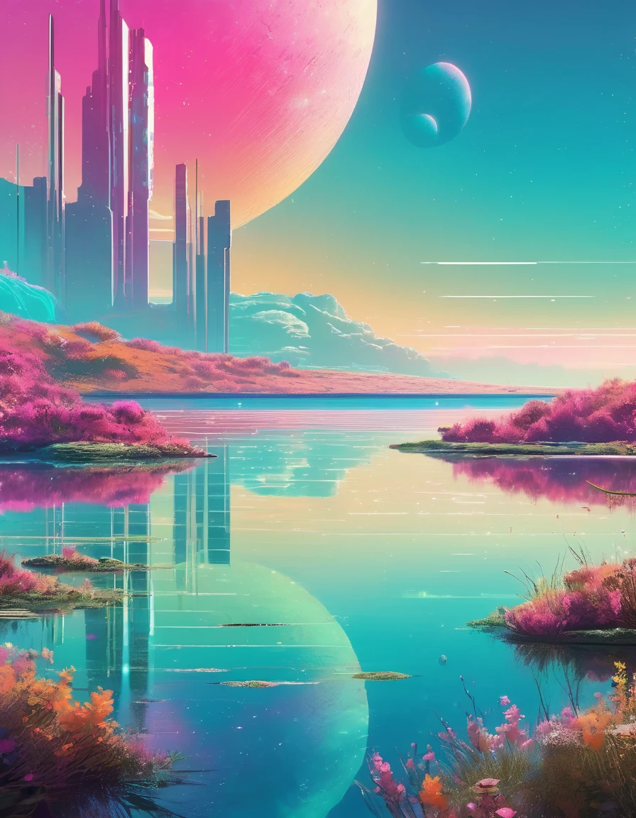 Christopher Balaskas art, Tranquil lake, Retro Future setting, serene landscape, calm water reflecting the sky, wildflowers blooming on the shore, Remnants of a lost civilization, vibrant colors, ultra detailed, Inspirational scenery, Vaporwave style, Mid-future, Retro Futurist Fantasy. Christopher Balaskas Style page