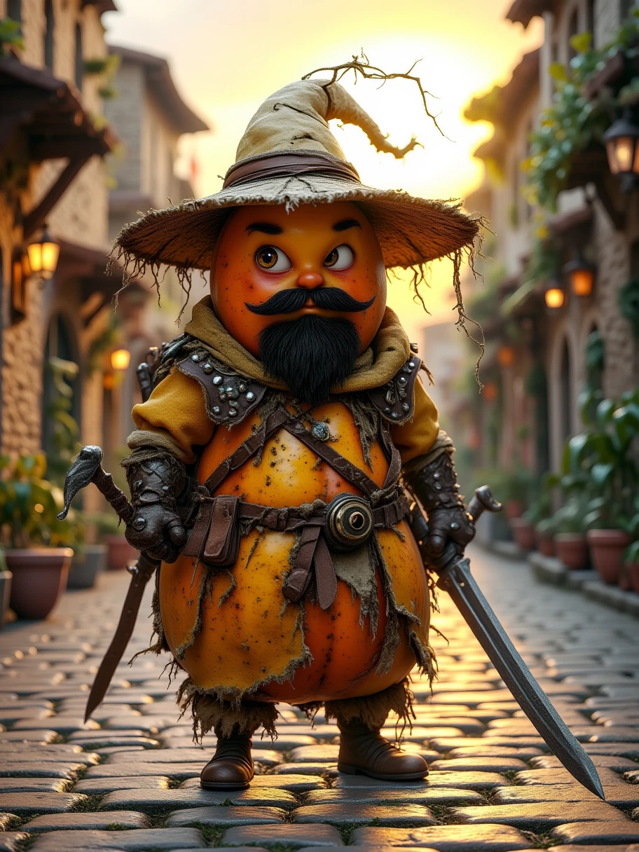 Ba, There is a ba with anthropomorphic features, dressed in a stylish knight-errant costume, including a wide-brimmed bamboo hat and a loose robe. The character has a tuft of beard, with sharp and confident eyes. It is holding a long sword with a slender and sharp blade. The background is an ancient town street, and the afterglow of the setting sun shines on the flagstone road, creating an atmosphere of vicissitudes and a sense of antiquity. The texture on the ba peel, its curved shape and the fantastic glow make this character full of personality and vitality