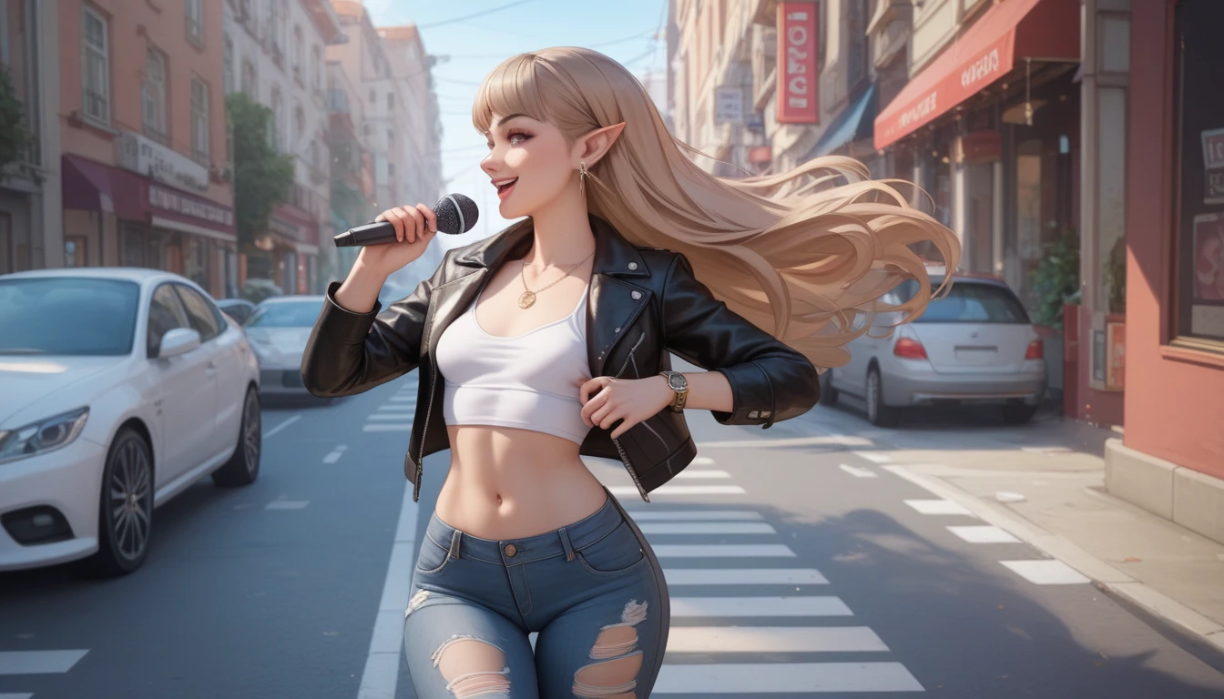   1 girl, Alone,  small breasts,   watch viewers,   Wide Hips , I々I have,  long hair, pointy ears,(  light brown hair  ,  shorthair、), best quality、  Masterpiece 、   super high resolution 、 beautiful smile、  Leather Jacket 、street、 street, Voodoo symbols are scattered on the microphone of the torn jeans 