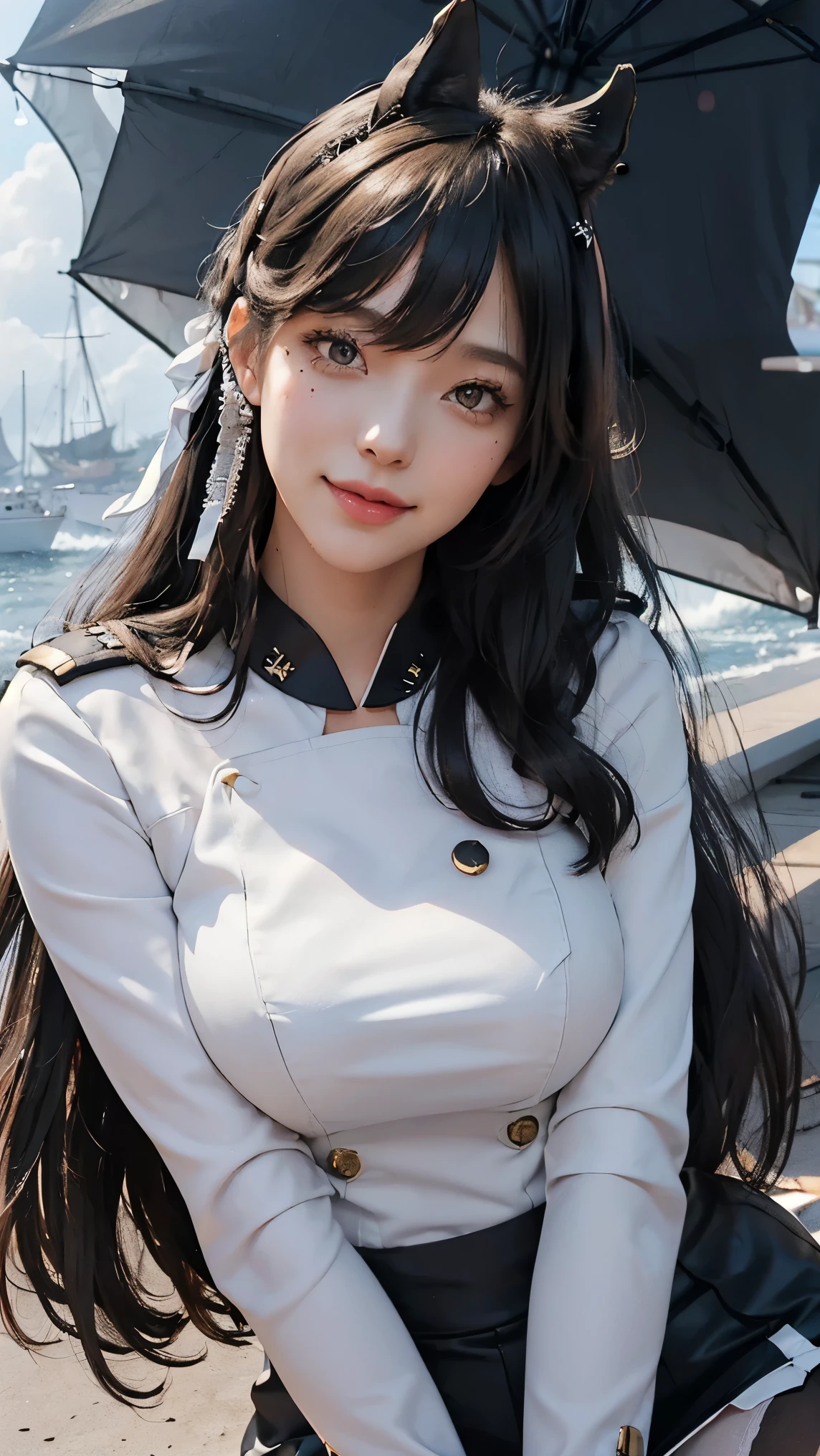 Atago,(best qualityer,4K,8k,high resolution,work of art:1.2)(weather: midday), Mondstadt port background, battleships, white navy captain jacket, white tight mini skirt, white gloves, black pantyhose, horse ears, cheek mole, long straight hair, dark hair, ultra detailed, realistic,portraite,beautiful detailed honey eyes, glowing eyes,blush,beautiful detailed lips,extremely detailed eye and face, long eyelashes,sexly,average, large breasts,beaming smile, sexy smile,powerful girl, sexy pose, stunning curves,bright coloured,dramatic lighting,