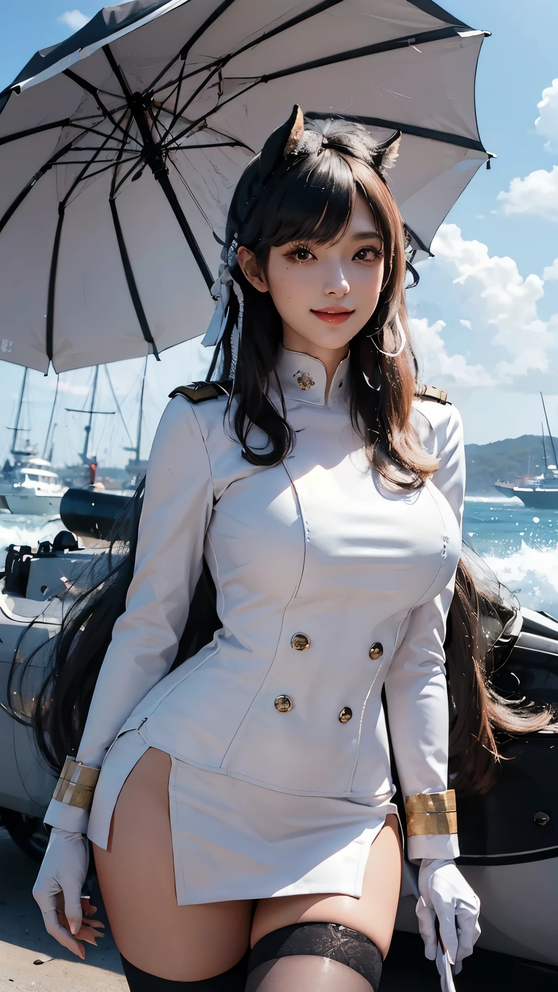 Atago,(best qualityer,4K,8k,high resolution,work of art:1.2)(weather: midday), Mondstadt port background, battleships, white navy captain jacket, white tight mini skirt, white gloves, black pantyhose, horse ears, cheek mole, long straight hair, dark hair, ultra detailed, realistic,portraite,beautiful detailed honey eyes, glowing eyes,blush,beautiful detailed lips,extremely detailed eye and face, long eyelashes,sexly,average, large breasts,beaming smile, sexy smile,powerful girl, sexy pose, stunning curves,bright coloured,dramatic lighting,