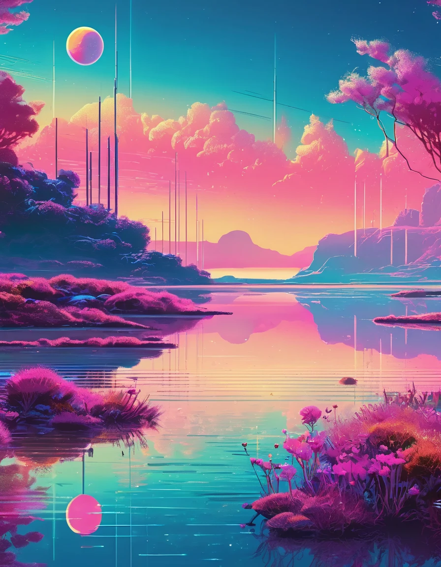 Christopher Balaskas art, Tranquil lake, Retro Future setting, serene landscape, calm water reflecting the sky, wildflowers blooming on the shore, Remnants of a lost civilization, vibrant colors, ultra detailed, Inspirational scenery, Vector illustration, Vaporwave style, Mid-future, Retro Futurist Fantasy. Christopher Balaskas Style page