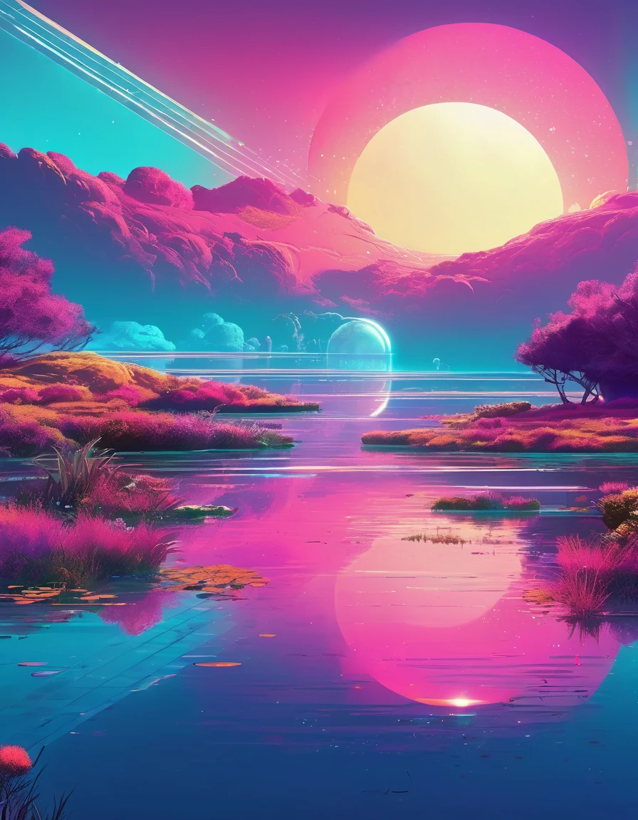 Christopher Balaskas art, Tranquil lake, Retro Future setting, serene landscape, calm water reflecting the sky, wildflowers blooming on the shore, Remnants of a lost civilization, vibrant colors, ultra detailed, Inspirational scenery, Vector illustration, Vaporwave style, Mid-future, Retro Futurist Fantasy. Christopher Balaskas Style page