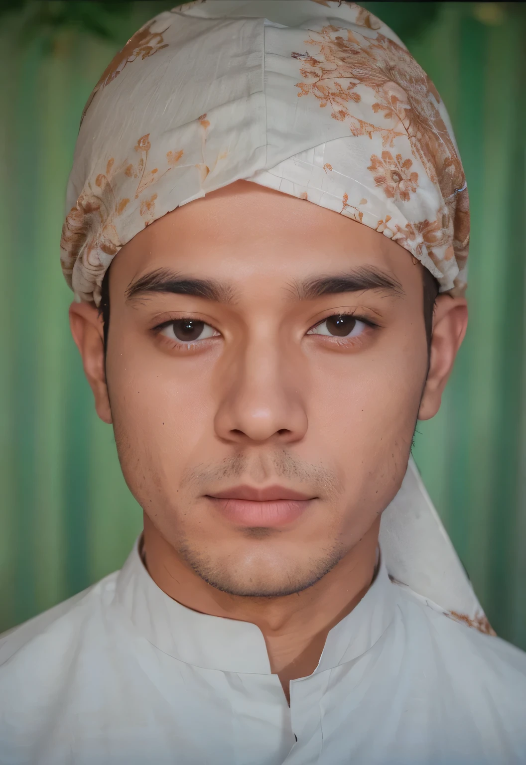 a white-shirted muslim man dressed in a light green baju melayu against the backdrop of a traditional house