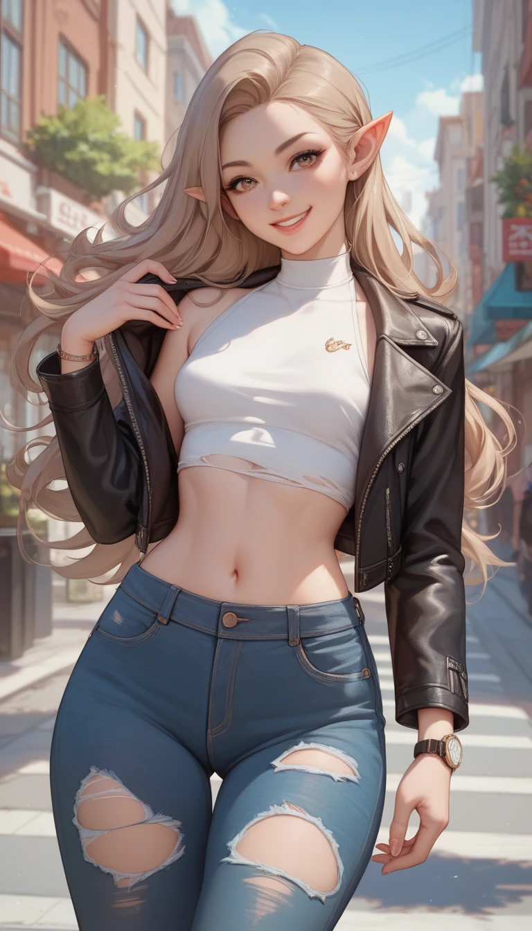   1 girl, Alone,  small breasts,   watch viewers,   Wide Hips , I々I have,  long hair, pointy ears,(  light brown hair  ,  shorthair、), best quality、  Masterpiece 、   super high resolution 、 beautiful smile、  Leather Jacket 、 street,  ripped jeans 