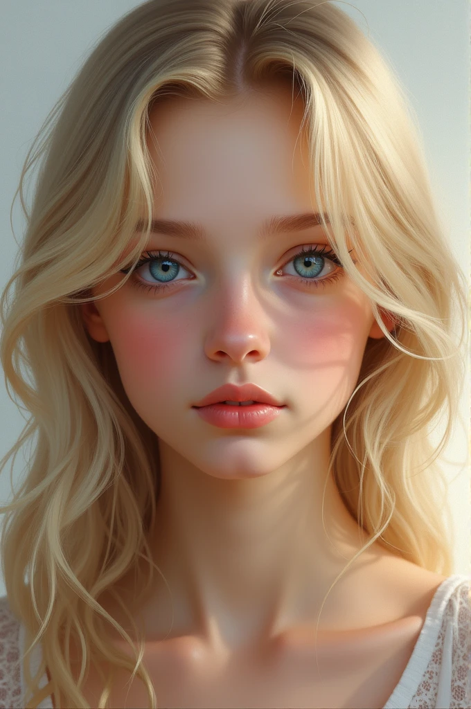 Blonde teenager with light complexion and hazel and blue eyes
