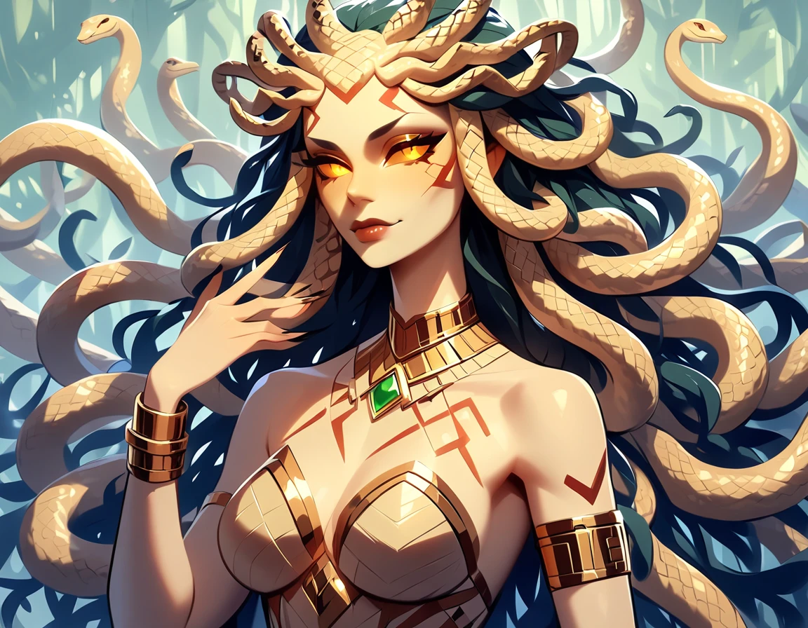 Physiotherapy logo of the Greek character Medusa from head to waist,wearing a greek outfit,with snake head with snake face,green skin color,holding a golden ray in his hand,a round golden border with the word Gorgons written around the character