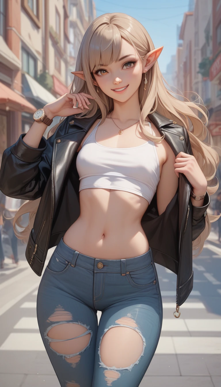   1 girl, Alone,  small breasts,   watch viewers,   Wide Hips , I々I have,  long hair, pointy ears,(  light brown hair  ,  shorthair、), best quality、  Masterpiece 、   super high resolution 、 beautiful smile、  Leather Jacket 、 street,  ripped jeans 